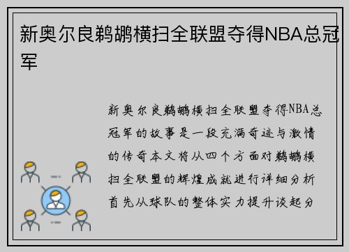 新奥尔良鹈鹕横扫全联盟夺得NBA总冠军 新奥尔良鹈鹕横扫全联盟夺得NBA总冠军