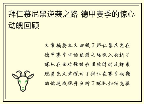 拜仁慕尼黑逆袭之路 德甲赛季的惊心动魄回顾