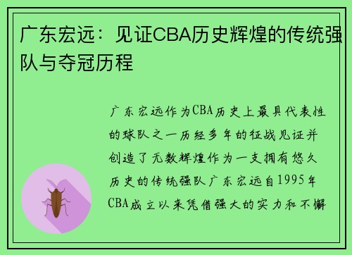 广东宏远：见证CBA历史辉煌的传统强队与夺冠历程